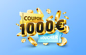 1000 euro coupon gift voucher, cash back banner special offer. Vector illustration