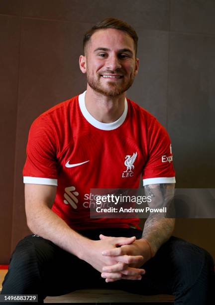 Alexis Mac Allister signing for Liverpool Football Club at AXA Training Centre on June 08, 2023 in Kirkby, England.