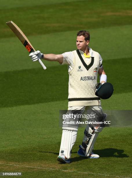 Steve Smith of Australia celebrates their century during day two of the ICC World Test Championship Final between Australia and India at The Oval on...