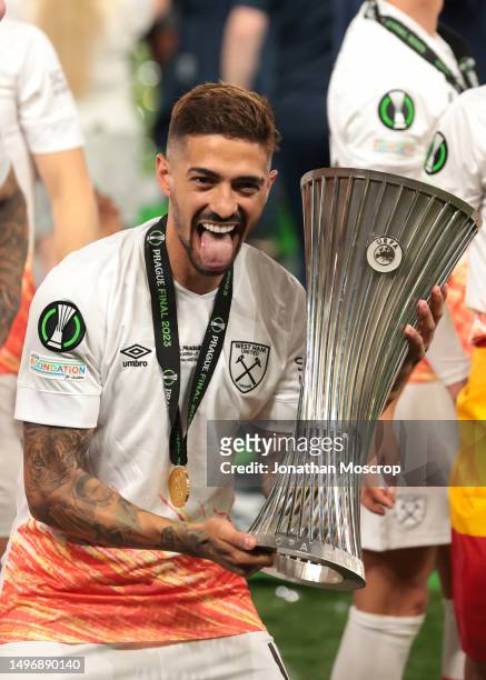 Manuel Lanzini of West Ham United celebrates with the trophy following the 2-1 victory in the UEFA Europa Conference League 2022/23 final match...
