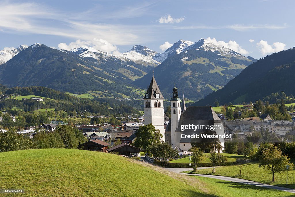 Austria, Tyrol, Kitzbuehel, View of town and church