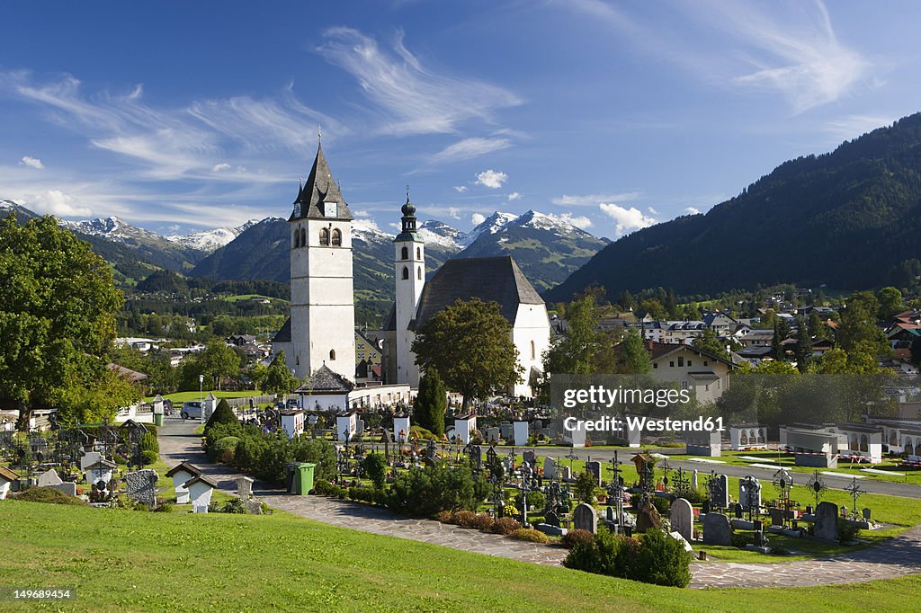 Austria, Tyrol, Kitzbuehel,View of town and church