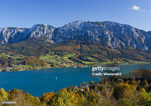 austria, attersee, view of hoellen mountain during autumn - attersee stock pictures, royalty-free photos & images