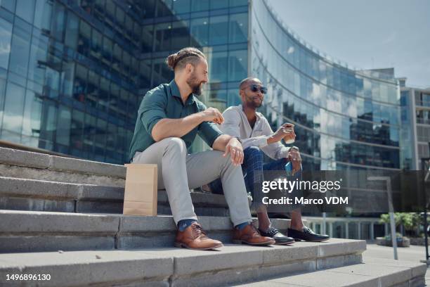 city, steps and men sitting on lunch break to relax with coffee, sun and smile with work friendship. talking, relaxing at meal time and startup employees on stairs outside office building together. - sun city center stock pictures, royalty-free photos & images