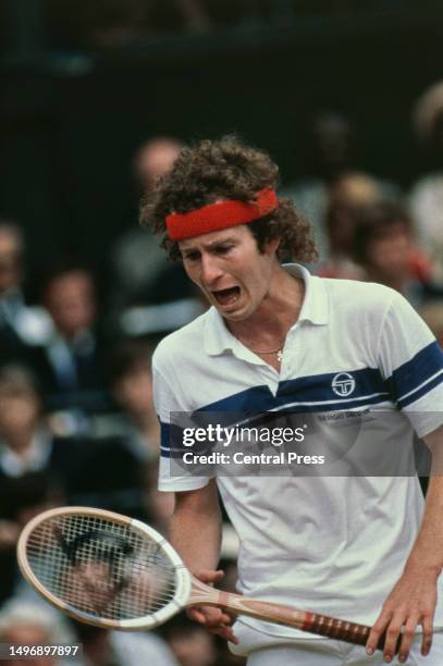 American tennis player John McEnroe shouts during the Final of the Men's Singles tournament at Wimbledon, All England Lawn Tennis Club, London, July...