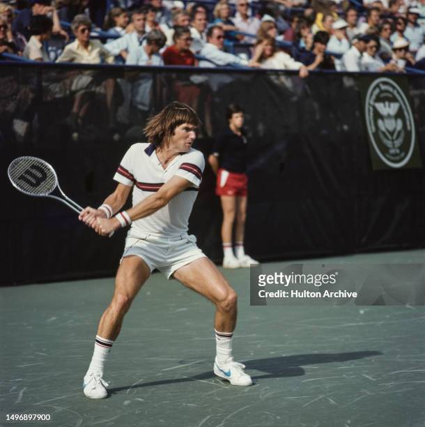 American tennis player Jimmy Connors plays a backhand during the Semi Final of the US Open Men's Singles tournament, Flushing Meadows, New York,...
