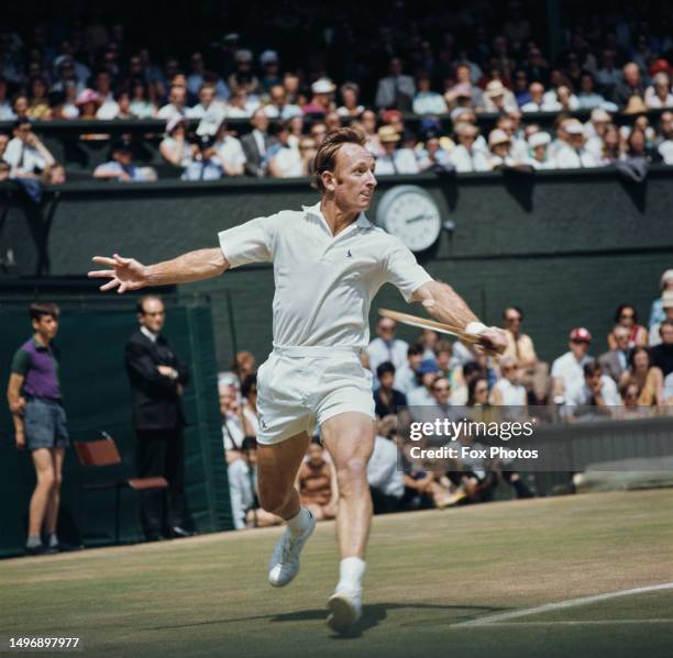 Australian tennis player Rod Laver in action during the Final of the Men's Singles tournament at Wimbledon, All England Lawn Tennis Club, London,...