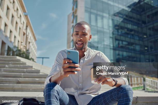 phone, confused and business man in city for email communication, web and social media or outdoor chat. mobile, urban networking and surprise of creative african person reading feedback or fake news - fake email stock pictures, royalty-free photos & images