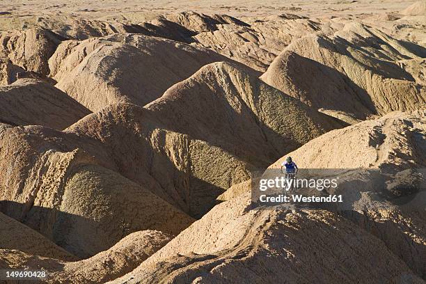 usa, california, mountain biker cycling on mountain top - distancia media fotografías e imágenes de stock