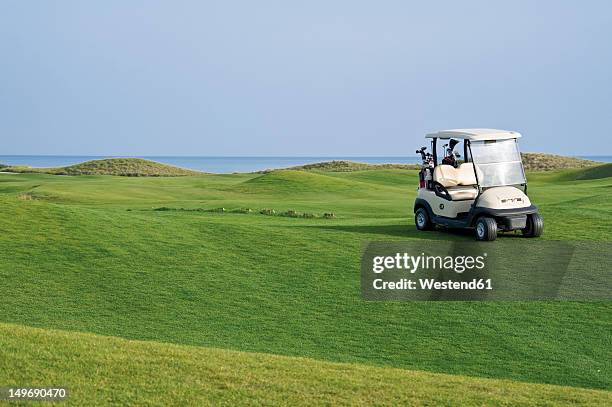 turkey, antalya, golf cart on meadow at golf course - bolsa de golf fotografías e imágenes de stock