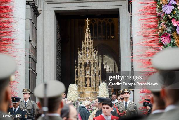 Corpus Christi leaves the cathedral for the procession, June 8 in Toledo, Castilla-La Mancha, Spain. The celebration of Corpus Christi in Toledo...