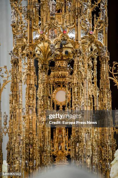 Corpus Christi leaves the cathedral for the procession, June 8 in Toledo, Castilla-La Mancha, Spain. The celebration of Corpus Christi in Toledo...