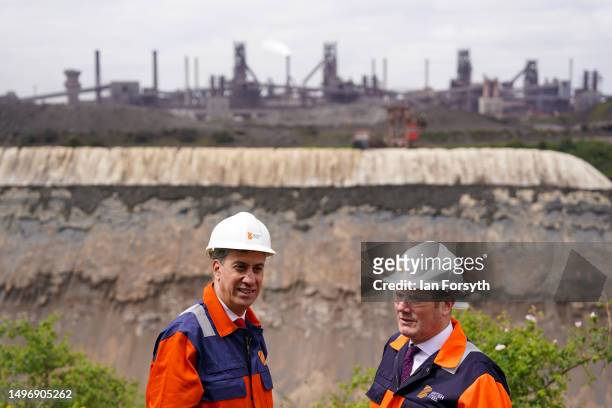 Labour Party Leader Keir Starmer and Shadow Secretary of State of Climate Change and Net Zero Ed Miliband visit the British Steel manufacturing site...