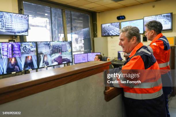 Labour Party Leader Keir Starmer and Shadow Secretary of State of Climate Change and Net Zero Ed Miliband visit the British Steel manufacturing site...