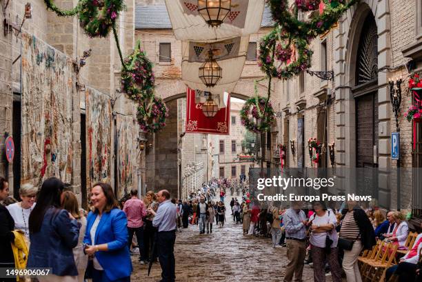 Tapestries hanging on walls during the Corpus Christi procession in the streets of Toledo, June 8 in Toledo, Castilla-La Mancha, Spain. The...