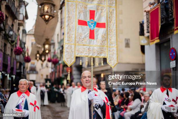 Banner during the Corpus Christi procession in the streets of Toledo, June 8 in Toledo, Castilla-La Mancha, Spain. The celebration of Corpus Christi...