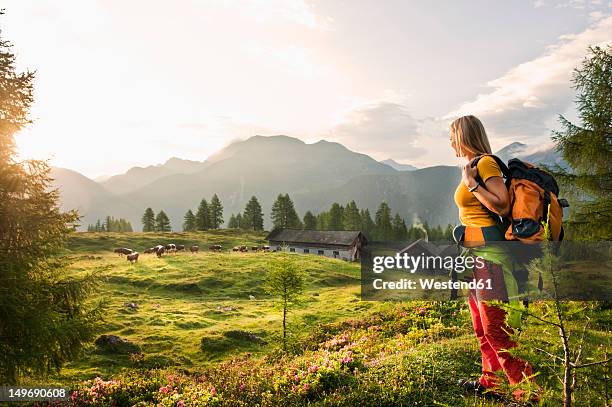 Austria, Salzburg County, Young woman standing in alpine meadow and watching landscape
