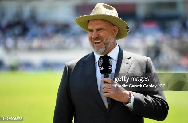 Commentator Matthew Hayden looks on during day two of the ICC World Test Championship Final between Australia and India at The Oval on June 08, 2023...