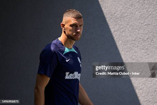 Edin Dzeko of FC Internazionale looks on during the FC Internazionale training session at the club's training ground Suning Training Center at...