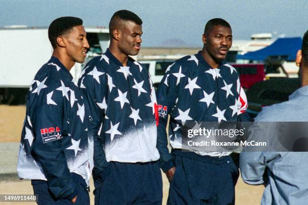 Olympic Dream Team III mens basketball and NBA members Scottie Pippen of the Chicago Bulls, David Robinson of the San Antonio Spurs and Hakeem...