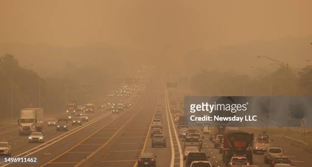Scene along the Long Island Expressway at exit 58 in Islandia. New York as smoke from Canadian wildfires blanket Long Island on June. 7, 2023.