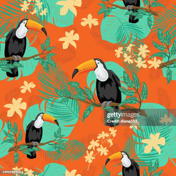 toucans and tropical leaves seamless pattern - toucan stock illustrations