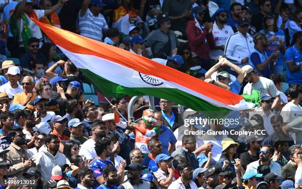 Fans of India react in the crowd during day two of the ICC World Test Championship Final between Australia and India at The Oval on June 08, 2023 in...