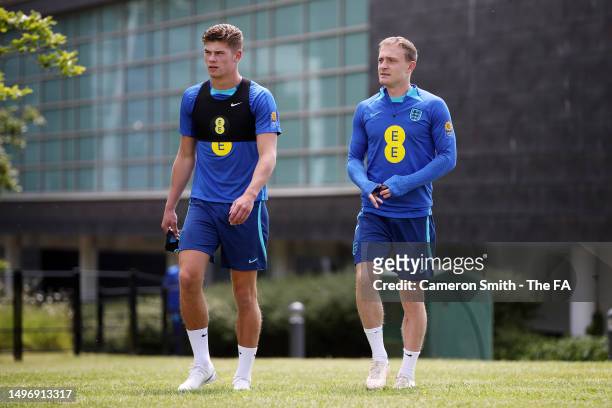 Charlie Cresswell and Oliver Skipp of England during the England UEFA European Under-21 Championship Training Camp at St George's Park on June 08,...