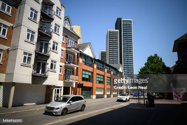 The Victoria Place retail and residential complex looms above nearby homes and businesses on June 08, 2023 in Woking, England. Woking Borough Council...
