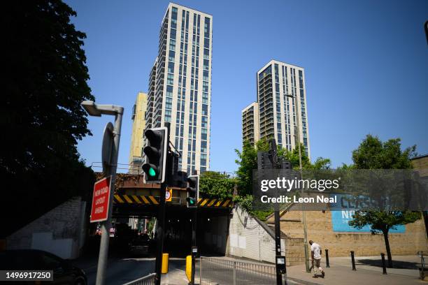 The Victoria Place retail and residential complex looms above nearby homes and businesses on June 08, 2023 in Woking, England. Woking Borough Council...