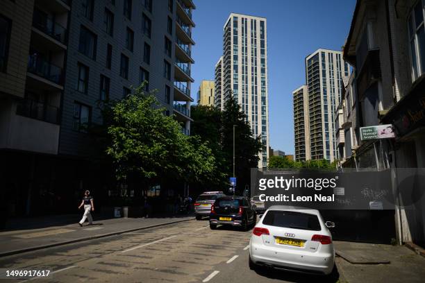 The Victoria Place retail and residential complex looms above nearby homes and businesses on June 08, 2023 in Woking, England. Woking Borough Council...