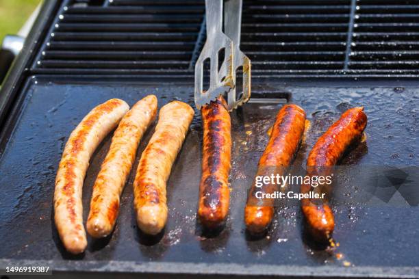 barbecue - viande de porc et de bœuf en train de cuire au barbecue - porc viande stock pictures, royalty-free photos & images