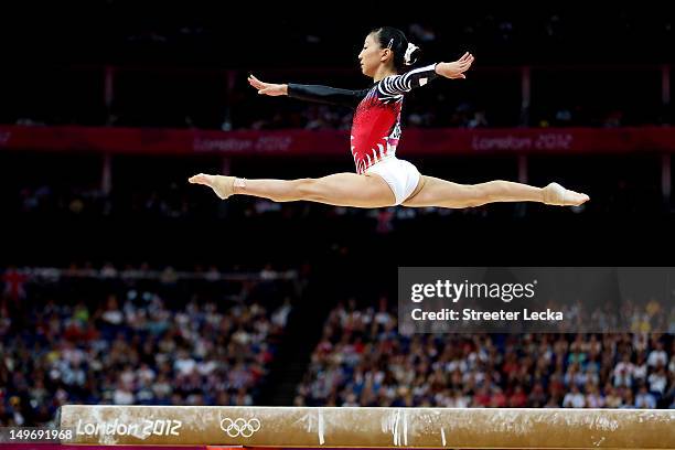 Asuka Teramoto of Japan competes on the balance beam in the Artistic Gymnastics Women's Individual All-Around final on Day 6 of the London 2012...