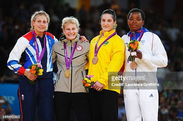 Silver medalist Gemma Gibbons of Great Britain, Gold medalist Kayla Harrison of the United States, Bronze medalist B Mayra Aguiar of Brazil, and...