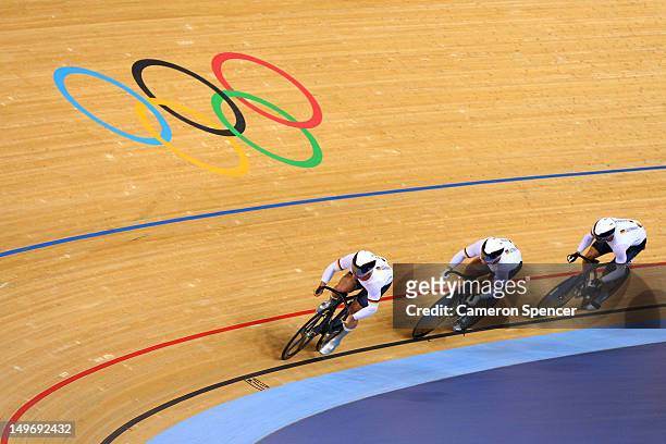 Rene Enders, Robert Forstemann and Maximilian Levy of Germany compete in the Men's Team Sprint Track Cycling Qualifying on Day 6 of the London 2012...