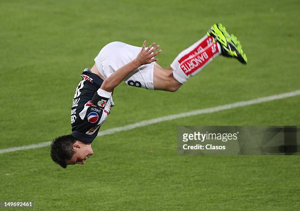 Jose Francisco Torres of Pachuca celebrates a goal during a match between Pachuca and Leones Negros as part of the Copa MX 2012 at Hidalgo Stadium on...