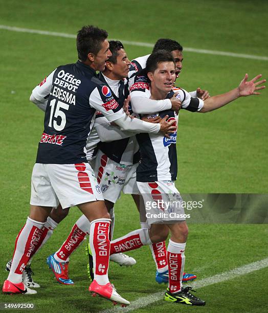 Jose Francisco Torres of Pachuca celebrates a goal during a match between Pachuca and Leones Negros as part of the Copa MX 2012 at Hidalgo Stadium on...