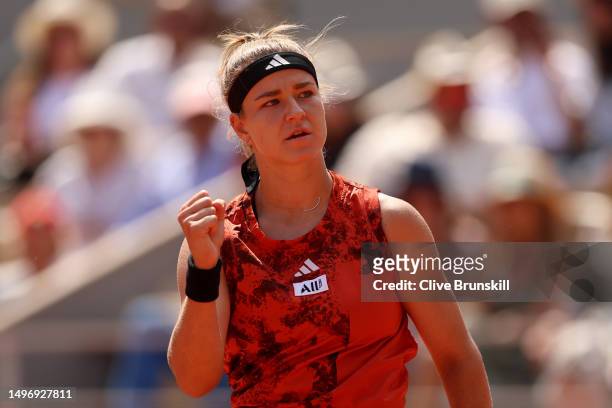 Karolina Muchova of Czech Republic celebrates a point against Aryna Sabalenka during the Women's Singles Semi-Final match on Day Twelve of the 2023...