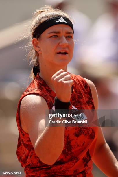 Karolina Muchova of Czech Republic celebrates a point against Aryna Sabalenka during the Women's Singles Semi-Final match on Day Twelve of the 2023...