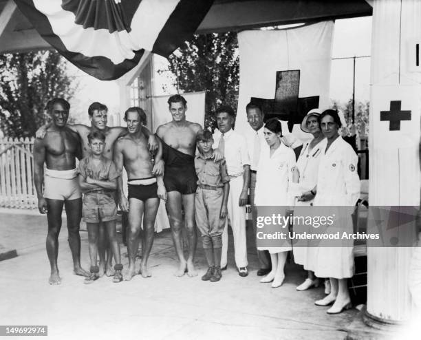At the Olympic tryouts are, from left, Duke F Kahanamoku, Clarence 'Buster' Crabbe, Harold 'Stubby' Kruger, Johnny Weissmueler, Judge Elmer F...