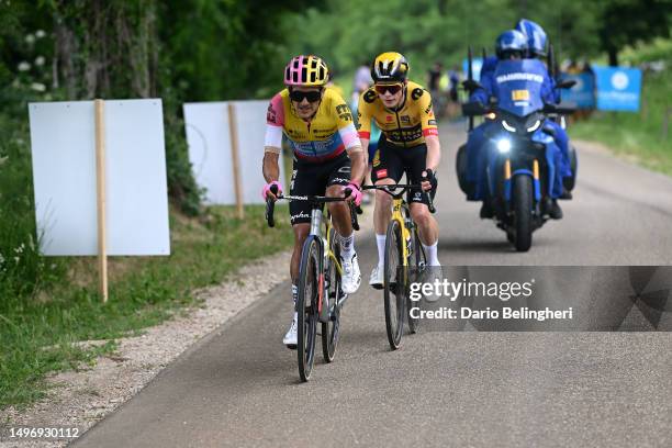 Richard Carapaz of Ecuador and Team EF Education-EasyPost and Jonas Vingegaard of Denmark and Team Jumbo-Visma compete in the breakaway during the...