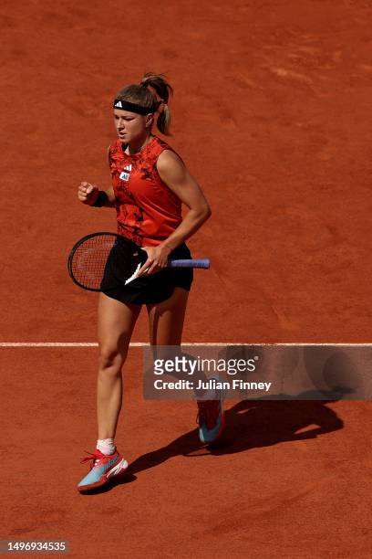 Karolina Muchova of Czech Republic celebrates a point against Aryna Sabalenka during the Women's Singles Semi-Final match on Day Twelve of the 2023...