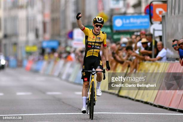 Jonas Vingegaard of Denmark and Team Jumbo-Visma celebrates at finish line as stage winner during the 75th Criterium du Dauphine 2023, Stage 5 a...