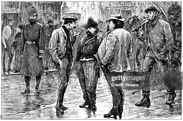 british satire caricature comic cartoon illustration - police officer talking to person cartoon stock illustrations