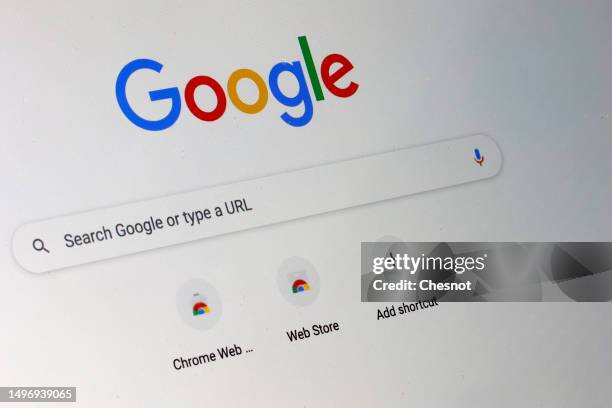 In this photo illustration, the Google Chrome search engine home page is displayed on the screen of a computer on June 08, 2023 in Paris, France....