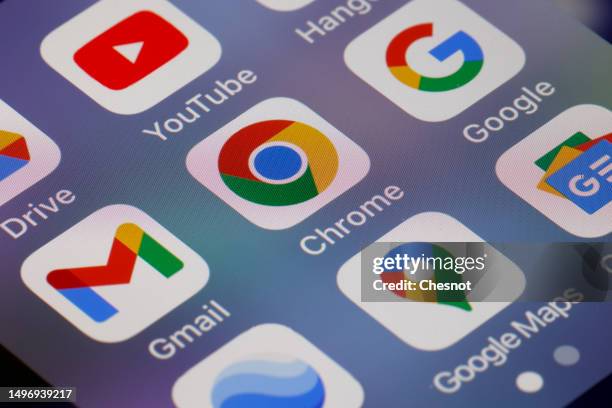 In this photo illustration, Google app logos, Drive, YouTube, Gmail, Chrome, Google and Google Maps are displayed on the screen of an iPhone on June...