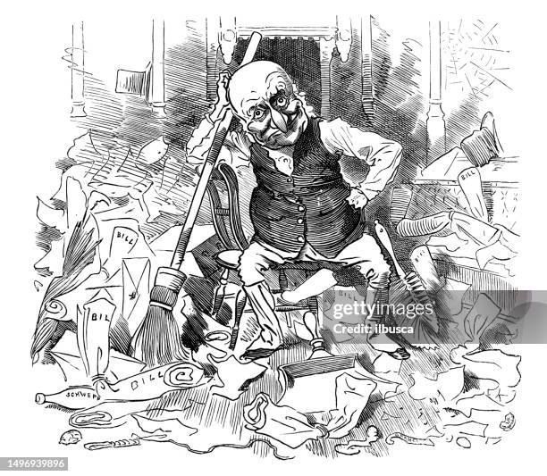 british satire caricature comic cartoon illustration - guy-throwing-out-garbage-drawing stock illustrations