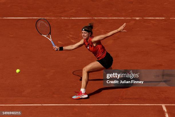 Karolina Muchova of Czech Republic plays a forehand against Aryna Sabalenka during the Women's Singles Semi-Final match on Day Twelve of the 2023...