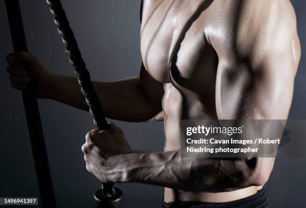 muscular man doing triceps exercise at gym - lateral pull down weights stock pictures, royalty-free photos & images