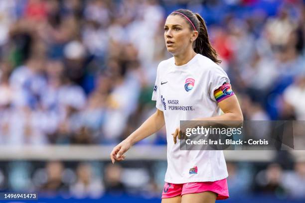 Alex Morgan of San Diego Wave wears a Pride color captains armband in the first half of the National Womens Soccer League Pride Night match against...